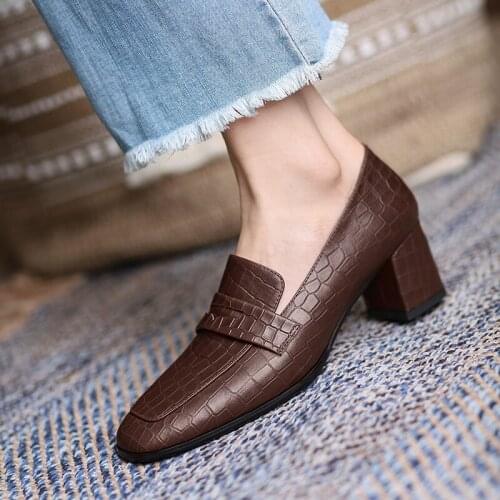 Women Shoes Fashion Genuine Leather Stone texture Loafers Slip-On Spring/Autumn Flats Square Toe Thick Heel Handmade Size 34-40