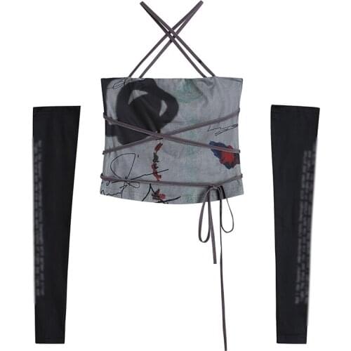 MyErato Printed Cross Straps Halter Crop Top Vest Womens Tube Top Cyber Y2k Tops For Girls Aesthetic Clothes 2000s