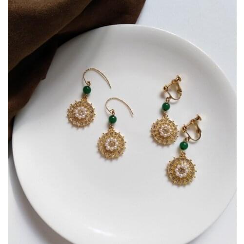 Korean Temperament Emerald Zircon Clip Earrings No Hole Exquisite Small Retro Disc Imitation Pearl Long Classic Female Earrings