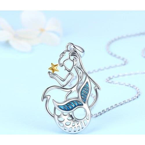 Xiaojing 925 Sterling Silver Beauty Mermaid Pendant Chain Blue Enamel Gold Star Necklace for Women Fashion 2020 Jewelry Gift