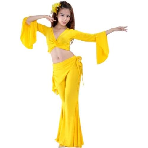 Women Belly Dance Costume Flared Sleeves Crop Top Pant 2 Two Piece Indian Dancing Sexy Clothes Set Bellydance Wear 9 Color