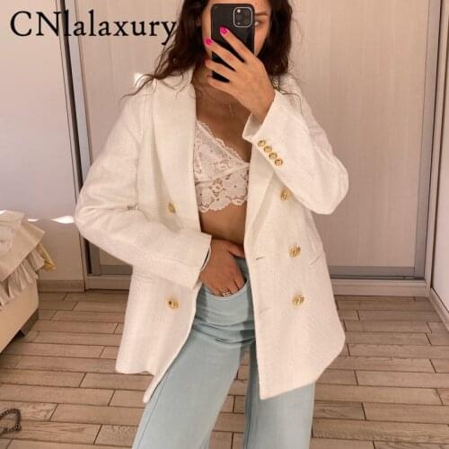 2021 New Texture White Long Sleeve Double Breasted Suit Coat Female Spring Autumn Women Vintage Tweed Blazer Jacket Chic Vsete