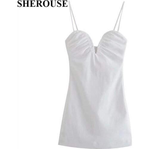 SHEROUSE Women Corset Halter Dress V-neck Sleeveless Back zip High street Chic Lady Casual Woman White Mini Short Dresses