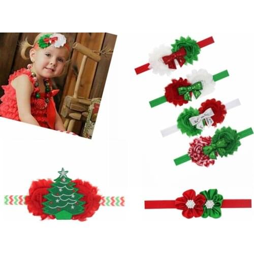 50pcs Xmas Girl Christmas tree Chiffon Rhinestone Button ribbon hair bows Flowers Elastic Headbands Chic hairbands SD002
