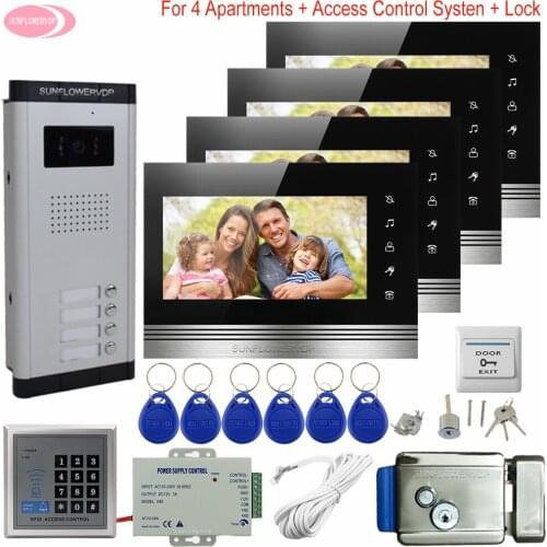 7" Home Intercom System Access Control Video Intercom 4 Monitors Door Intercoms for Apartments Electronic Door Lock System Unit