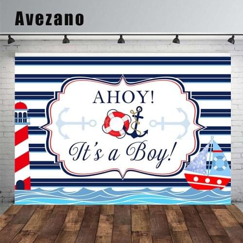 Avezano Baby Shower Photography Backdrops Navy Boy Sailing Boat Blue Stripes Backgrounds Photo Studio Photozone Photocall Decor