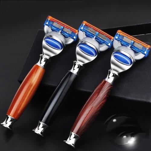 Mens Wood Razor Shaving Holder Barber Hair Beard Shave Yunchi Manual Razor Handle Compatible with Fusion 5 Layers Razor Blades