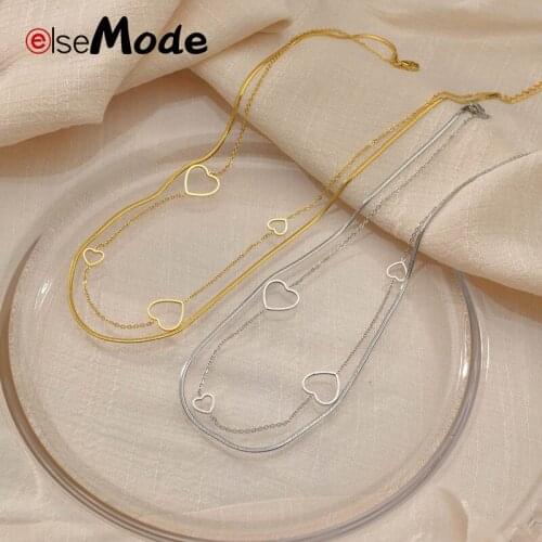 ELSEMODE Fashion Stainless Steel Heart Chokers Jewelry Gold Silver Color 2 Layers Women Necklaces For Girlfriend Gifts