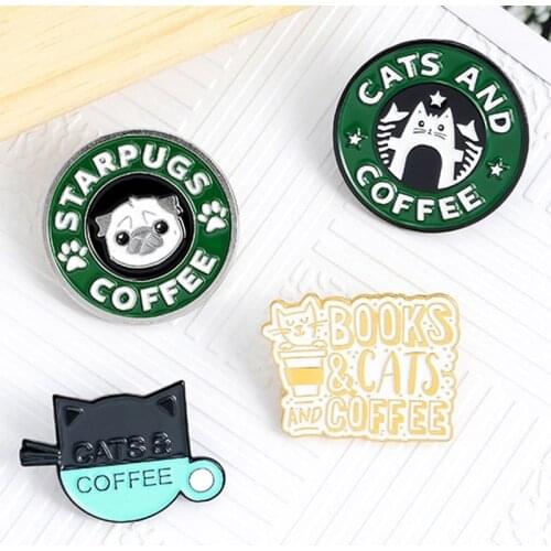 Cats Coffee Enamel Pin Custom Pug Puppy Cat Cafe Brooches Badges Bag Shirt Lapel Pin Buckle Cute Animal Jewelry Gift for Friends