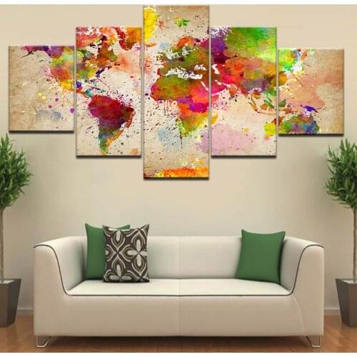 World Map Multicolor Wall posters Canvas Art painting 5 Panel HD Print For home living room decoration