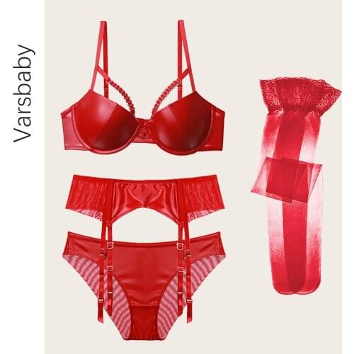 Women faux smooth leather goth sexy thick padded bra set underwear 4 piece bra+panties+garter+lace stockings