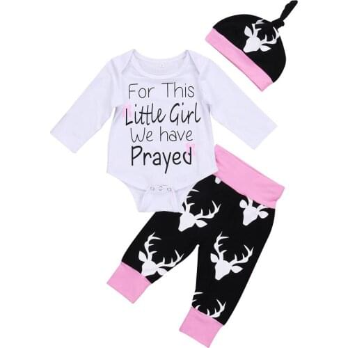 Infant Baby Clothes Sets White Romper Little Girls Tops+Deer Print Black Panelled Pants Hat 3pcs Bebe Kids Clothing Suits