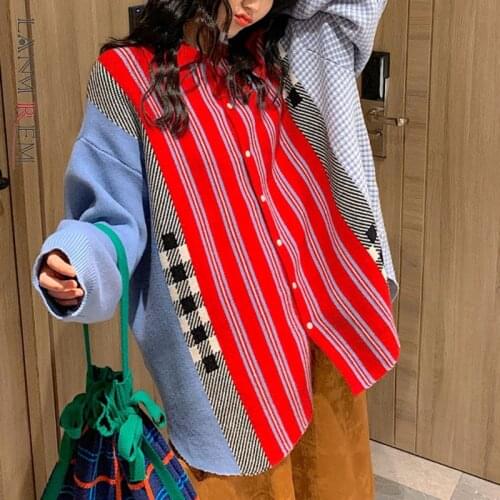 LANMREM Knitted Cardigan Women 2021 New Korean Versatile Loose Patchwork Contrast Color Plaid Sweater Coat Female Fashion 2C2403