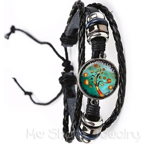 Hot Sale Trendy Tree of Life Glass Cabochon Bracelet For Men Women Children Black/Brown Leather Bangles Jewelry Gift