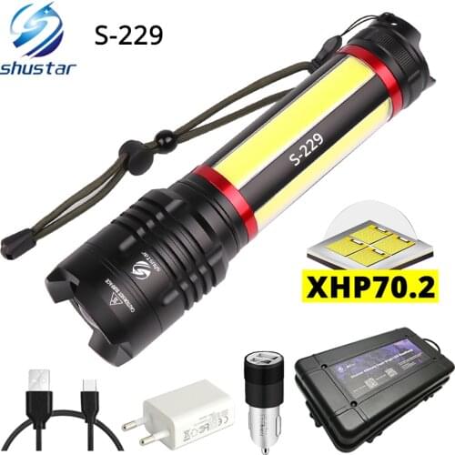 Multifunction LED Flashlight Built-in 5000mAh lithium battery With XHP70.2 + COB LED Super bright waterproof Camping light