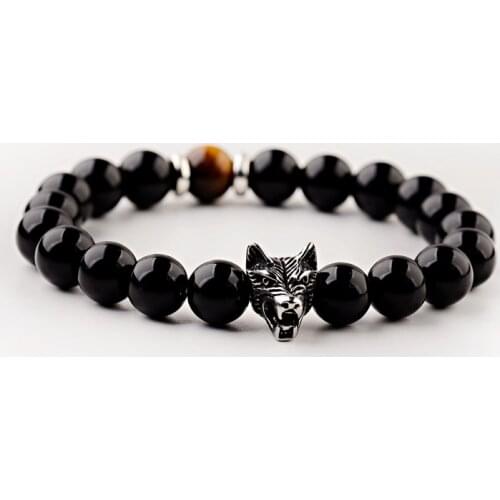 New Classic Leopard Copper Bracelet Men 8mm Tiger Eye&Black Stone Elastic Bracelets Men Erkek Bileklik AB372