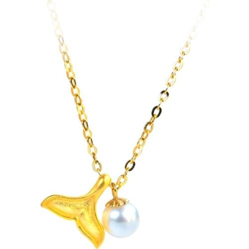 NYMPH Real 24K 999 Gold Fine Jewelry Necklace Fish Tail and Natural Pearl Pendant Pure 18K Chain Wedding Gift for Women D570