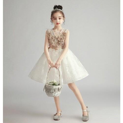 Flower Girl Dresses Sleeveless V-Neck Pearls Crystal Embroidery Appliques Princess Knee-Length Tulle Lace Kids Party Gown H380