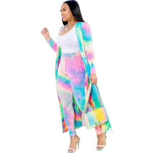 S-4XL Plus Size Two Piece Matching Set Women Sexy Tie Dye Print 2 Pieces Set Ladies Long Cardigan Tops+Pants Tracksuits Outfits
