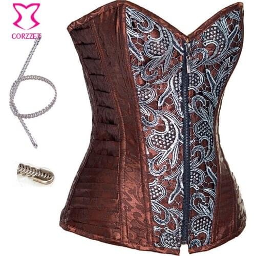 Silver Paisley Appliesque Brown Brocade Steampunk Corsets and Bustiers Zipper Steel Boned Corset Plus Size Women Gothic Clothing