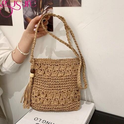 Gusure Women Fashion Straw Handmade Woven Crossbody Bags Summer Vacation Beach Small Shoulder Messenger Purse Tassel Design Tote