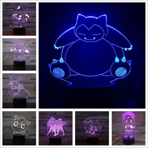 LED Lamp Pokemon 3D Nightlights Pikachu Ash Ketchum Jigglypuff Snorlax Mimikyu Arcanine Game Manga Lampara Bedroom Decor Lights