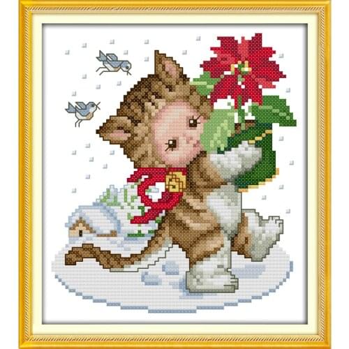 Everlasting Love Christmas Cat Ecological Cotton Chinese Cross Stitch Kits Counted Stamped 14CT 11CT New Year Sales Promotion