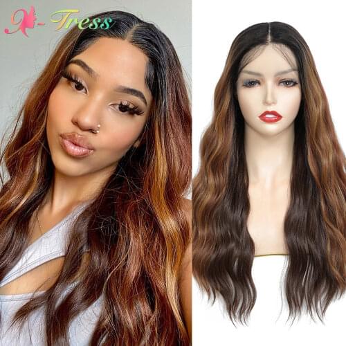 X-TRESS Ombre Brown Middle Part Lace Front Wigs for Women Long Natural Wave Synthetic Wig with Natural Hairline Heat Resistant