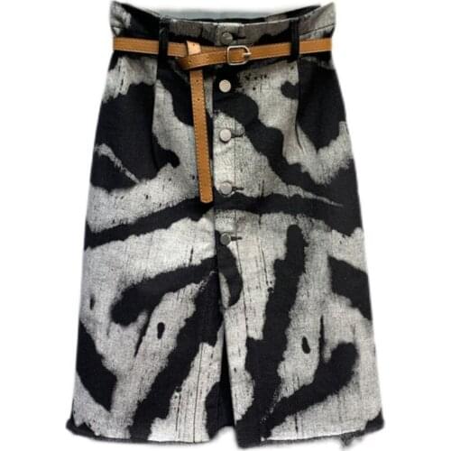 2021 summer new fashion high waist stretch denim skirt ladies retro personality pattern knee length a-line skirt