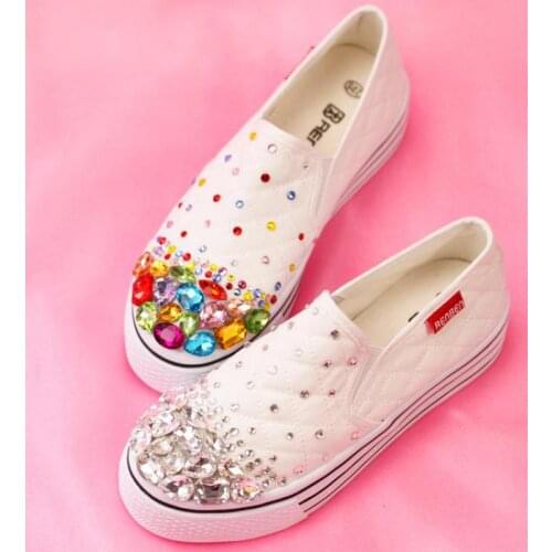 2021 Flats Shoes Woman Handmade Diamond Comfortable Thick-soled Flat Plarform Loafers Female Lazy Canvas Shoes White Sneakers