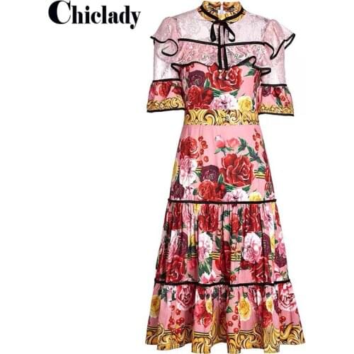 CHICLADY Fashion Runway Summer Dress Womens Stand Neck Ruffles Flare Sleeve Red Rose Print Lace Patchwork Bow Midi Dress Robe