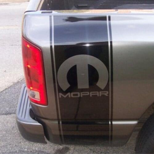 For (2Pcs) Dodge Ram 5.7L vinyl decals racing stripes rear bed Mopar logo (both sides)