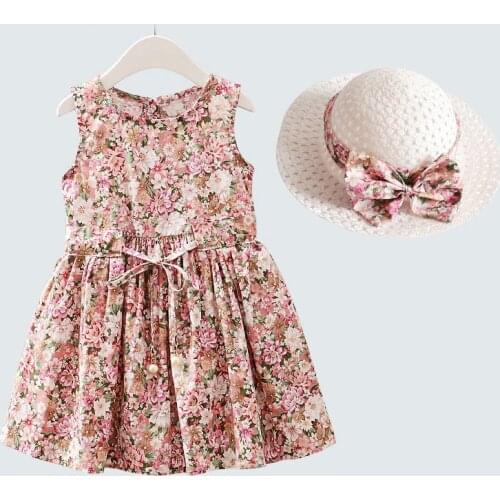 2Pc/Set Girls Dress+Hat Soft Cotton Comfortable Childrens Dress 2021 Popular Sleeveless Summer Floral Girls' Dress Kids Clothes