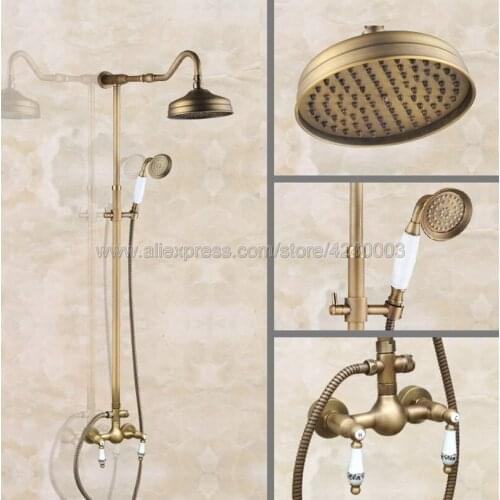 Antique Brass Shower Faucet 8" Rainfall Shower Head Dual Handles with Handshower Kan507