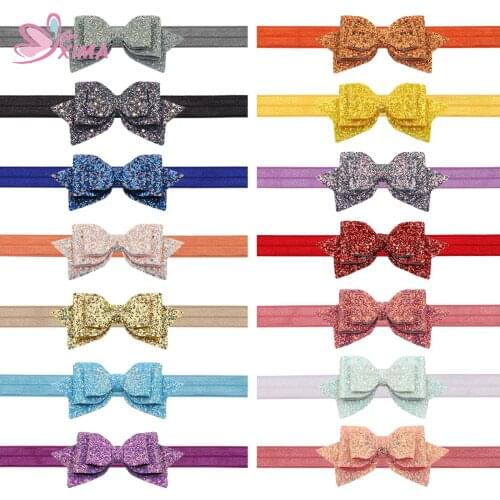 XIMA 14pcs/lot 5inch Girls Glitter Hair Bows Headband Shiny Bows with Elastic Hair Band for Kids Children Hair Accessories