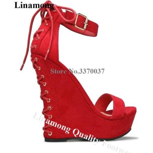 Western Fashion Style One Strap High Platform Back Lace-up Wedges Suede Leather Ankle Strap Buckle Wedge Sandals Dress Heels