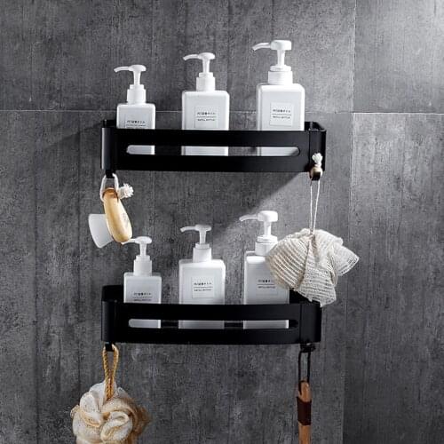 Black Square Shower Caddy Bathroom Corner Shelves Wall Mounted Space Aluminum 1/2/3 Tier Storage Shelf Baskets etagere bain