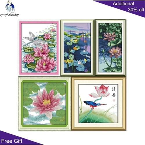 Joy Sunday Lotus Home Decor H382 H468(3) H484 H663 H702 Dragonfly Water Lilies Purple Lotus Refreshing Flowers Cross Stitch kits