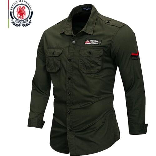 Fredd Marshall 2021 New 100% Cotton Military Shirt Men Long Sleeve Casual Dress Shirt Male Cargo Work Shirts With Embroidery 115
