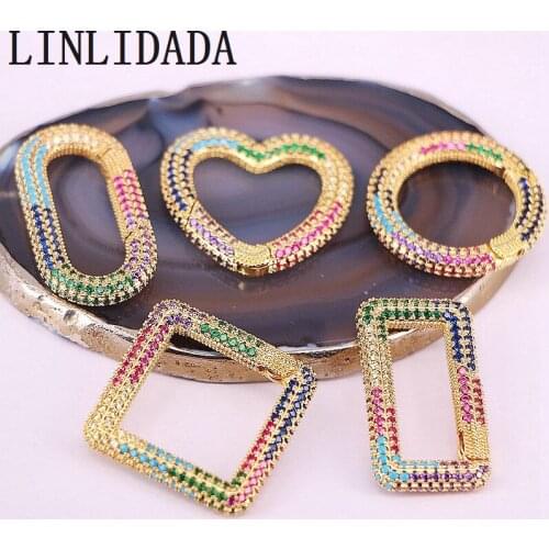 5Pcs Gold Filled Square/Heart/Oval/ Rectangle Carabiner Spring Belt Clip Carabiner Rainbow CZ Clasp for Jewelry Making