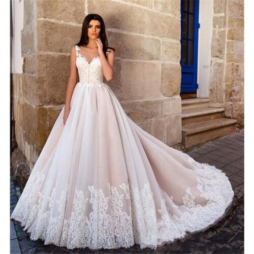 Beautiful Scoop Neck Lace Appliques Wedding Dresses A Line Princess Bridal Dress Custom Made Wedding Gown Sweep Train
