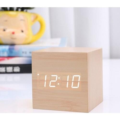 Creative sound-controlled led wooden clock luminous lazy square wooden clock led digital wooden electronic alarm clock