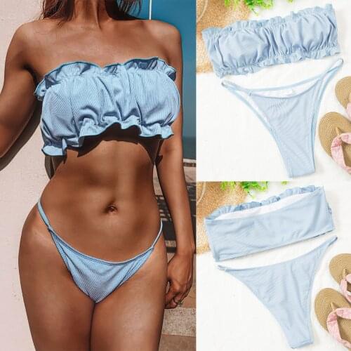 Sexy Bandeau Bikini Suit Strapless Ruffle Ruched Tube Tops + High Cut Bottom Swimwear Two Pieces Swimsuit Set Women Beachwear
