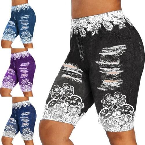Hot Sales Print Ripped Hole Yoga Leggings Women Knee Length Skinny Gym Shorts Half Pants