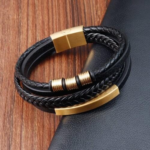 Hot Sale Multi-layer Leather Bracelet Stainless Steel Metal Luxury Bangles For Men Charm Accessories For Friend Husband Gifts