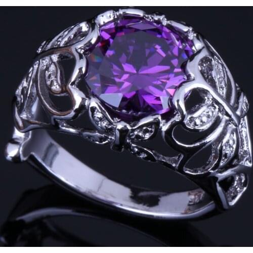 Majestic Round Purple Cubic Zirconia Silver Plated Ring V0447