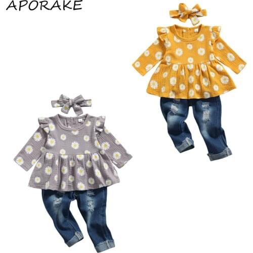 2021 1-5Y Fashion Kids Baby Girl Clothes Set Daisies Print Print Ruffle Long Sleeve Cotton Linen Dress+Crimping Denim Pants 2pcs