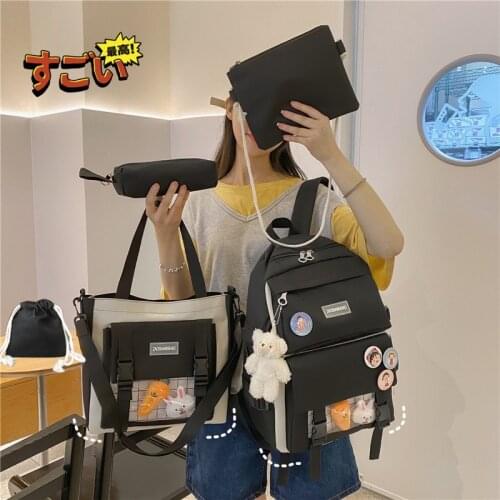 5-piece Set Cute Badge Pin Women Backpack Oxford Cloth Durable Student Backpacks Large-capacity Casual Light Travel Bags