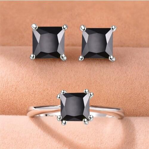 Classical Female Small Black Crystal Ring Earrings Jewelry Sets Fashion Boho Stud Earrings For Women Wedding Jewelry Gifts