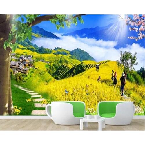 3d Wallpaper Mural Golden Tree Park Green Shade Road 3d Landscape Background Wall HD Digital Printing Moisture Wall paper